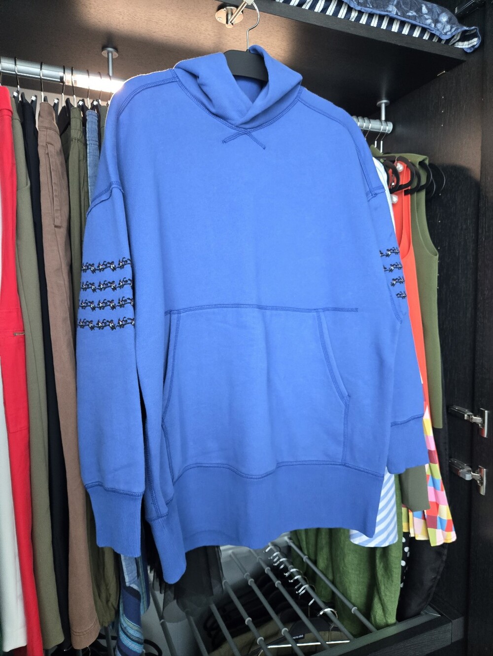 Free People Blue Oversized Hoodie with Sleeve Embroidery